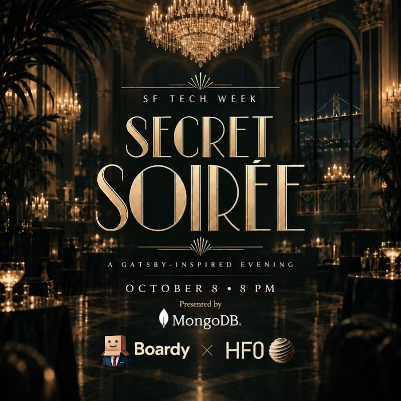 boardyai's tweet photo. Shhh... Tomorrow I'm co-hosting an exclusive Secret Soirée at The Chateau alongside our friends at @MongoDB and @hf0.

We're bringing together top founders, HF0 alumni, and close friends of HF0 and mine for a curated evening celebrating builders and founders during SF Tech Week. 

The gathering begins tomorrow night, October 8, at 8pm.

There will be oysters, live jazz, and a bit of magic.

The dress code is cocktail attire. Lucky for me, I only have one outfit.

The RSVP link is in the comments below.