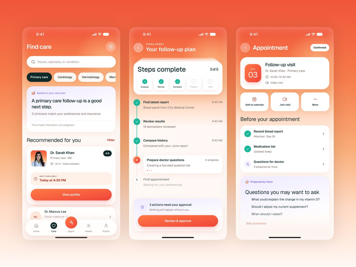 uixsattar's tweet photo. VIORA - Healthcare App UI/UX

Viora brings finding the right care, planning follow-ups, and managing appointments into one connected experience.

#Viora #HealthTech #HealthcareUX #AIHealthcare #MobileAppUI #UIDesign #UXDesign #ProductDesign #Figma https://t.co/p7nahd76cl