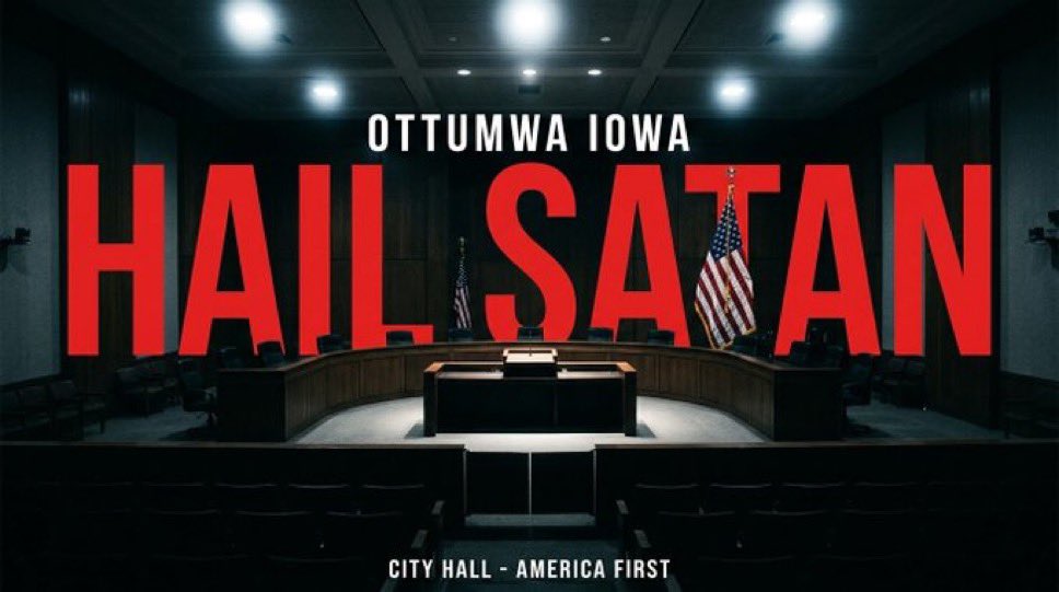 pnwguerrilla's tweet photo. This isn’t fake. 

The city of Ottumwa Iowa Hailed Satan before they pledged allegiance to the American flag……..

What a time to be alive. https://t.co/evJSKdn1EI