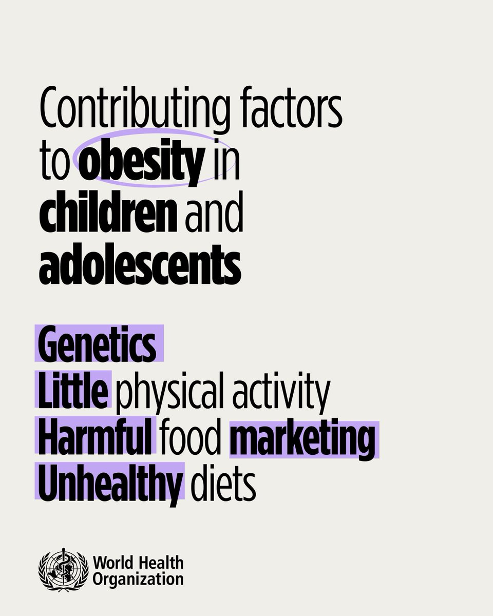 WHO's tweet photo. In 2024, 170 million children and adolescents aged 5–19 years were living with obesity, incl. 70 million children aged 5–9 years and 100 million adolescents aged 10–19 years.

Obesity prevalence in this age group has quadrupled since 1990, rising from 2% to 8%.

🆕 WHO's first global guidelines on child and adolescent obesity https://t.co/16Yl08WBmF