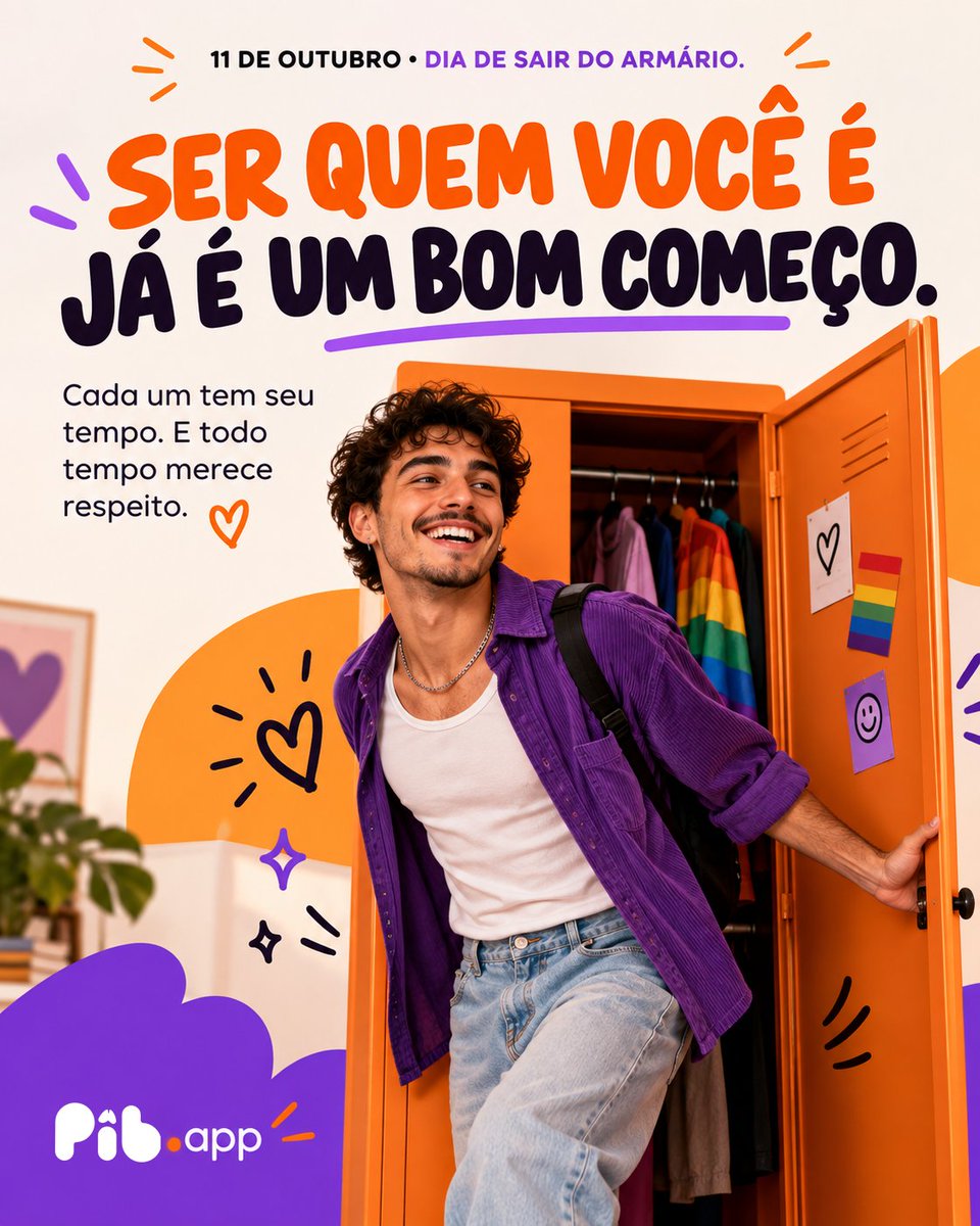 PibApp's tweet photo. Não existe relógio marcando a hora certa para ser quem você é.
Cada pessoa tem sua história, seu contexto e seu próprio tempo. E todos eles merecem respeito.
Neste Dia de Sair do Armário, a única regra é: ninguém precisa viver esse momento no tempo de outra pessoa. 🧡 https://t.co/SvfP0FFOV0