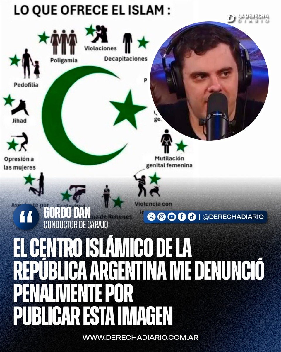 laderechadiario's tweet photo. 🚨🇦🇷 | “EL CENTRO ISLÁMICO DE LA REPÚBLICA ARGENTINA ME DENUNCIÓ PENALMENTE POR PUBLICAR ESTA IMAGEN”: El Gordo Dan reveló la foto por la que el Centro Islámico lo denunció penalmente, en la que expone “lo que ofrece el islam”, y la volvió a publicar.

“Pedofilia. Violaciones. Decapitaciones. Mutilación genital femenina...”.