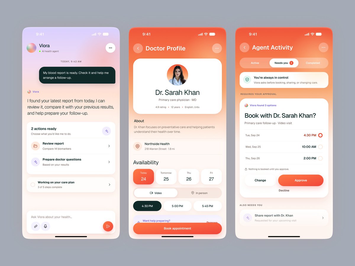 uixsattar's tweet photo. VIORA - AI Healthcare Agent Experience UI/UX

Viora's AI agent doesn't stop at answering questions. It understands context, helps explore care options.

#AIHealthcare #AIAgent #Viora #HealthTech #AIUX #MobileAppDesign #UIDesign #UXDesign #ProductDesign https://t.co/5MKu0BuYRE