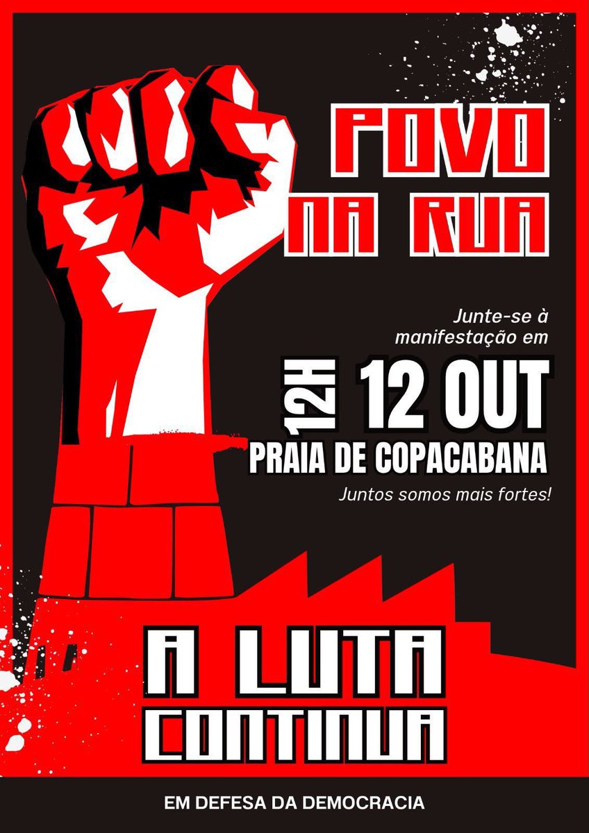 tzuyutwicebr's tweet photo. ONCEs do Rio de Janeiro! Aqui estão alguns dos próximos atos contra a extrema direita no Rio:

📅 8/10 — Em frente à UERJ
📅 9/10 — Saída do metrô da Pavuna
📅 12/10 — Praia de Copacabana
📅 15/10 — Da praça do Sarah Kubitschek/IESK até o centro de Campo Grande https://t.co/9lPq9e60iR