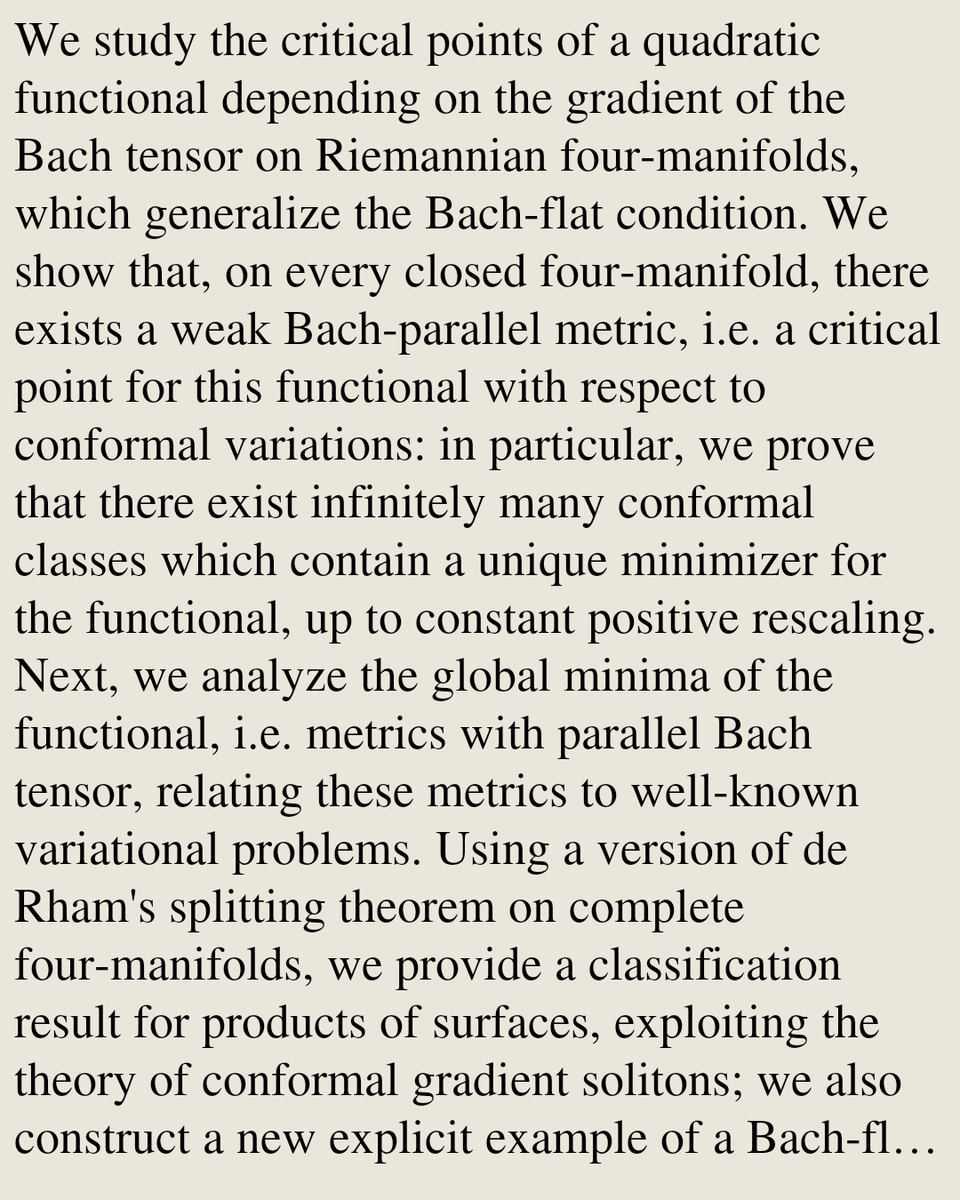 GeometryPapers's tweet photo. On the Bach tensor and quadratic curvature functionals

Letizia Branca, Davide Dameno
https://t.co/8PXAUCQT1S [𝚖𝚊𝚝𝚑.𝙳𝙶 𝚖𝚊𝚝𝚑.𝙰𝙿] https://t.co/vwnvdQrnBa