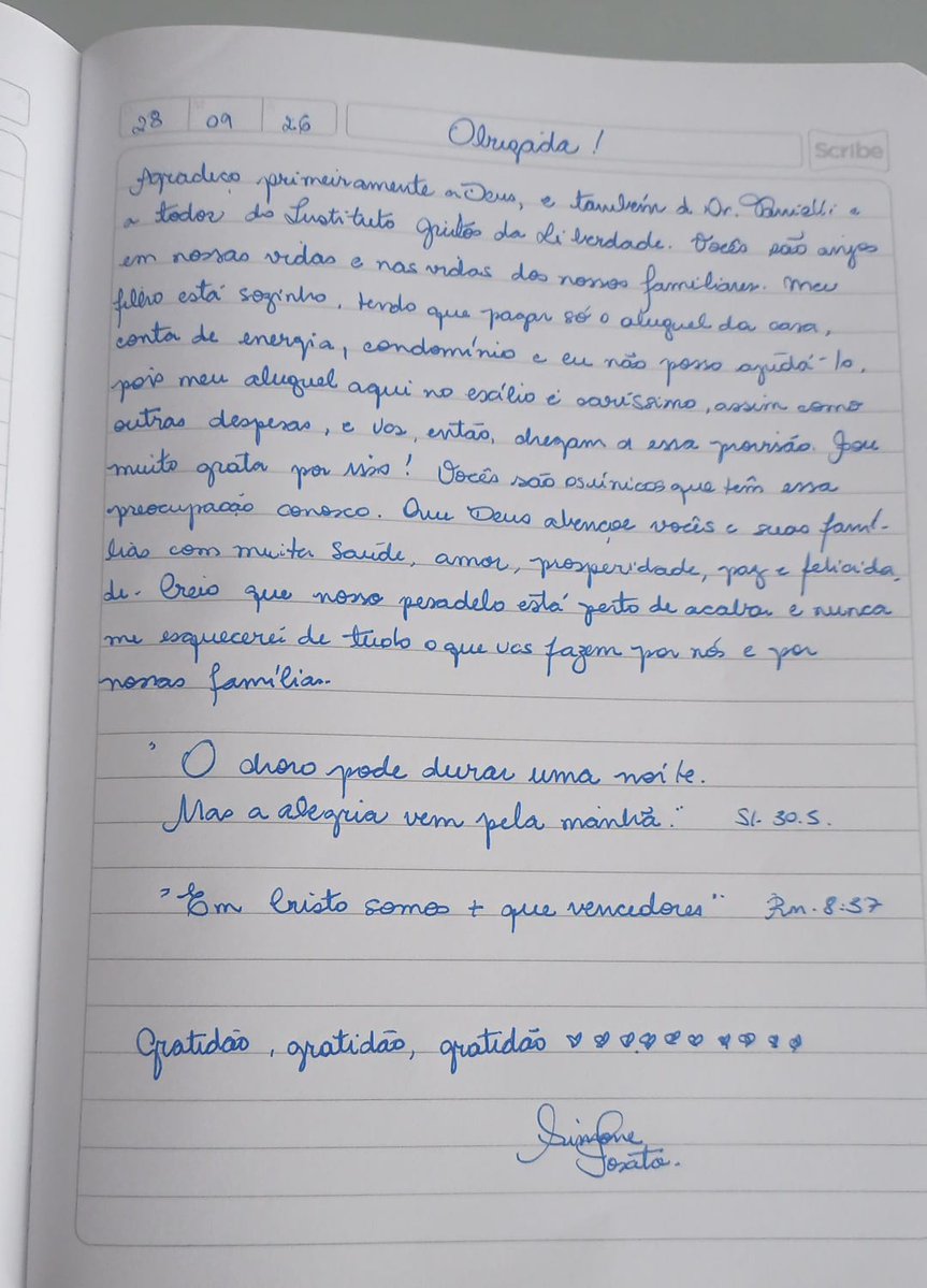 gritosliberdade's tweet photo. O Instituto Gritos de Liberdade segue trabalhando incansavelmente na defesa dos presos políticos do 8 de janeiro. Atualmente, mais de 400 pessoas recebem assistência jurídica, sem qualquer cobrança.

Além da defesa técnica, o Instituto busca prestar ajuda humanitária às famílias mais necessitadas. São brasileiros que tiveram suas vidas destruídas e continuam sofrendo as consequências de um sistema que os sufoca.

No último mês, foi possível ajudar apenas 16 famílias, um número muito abaixo do necessário diante de tantas pessoas que precisam de amparo.

Por isso, pedimos o apoio dos brasileiros que entendem que essa perseguição precisa chegar ao fim e que essas famílias merecem condições dignas de sobrevivência.

Ajude o Instituto Gritos de Liberdade. Enquanto os presos permanecem privados de liberdade, suas famílias enfrentam dificuldades para garantir o básico dentro de casa. Qualquer contribuição, por menor que pareça, pode fazer a diferença para quem tem tão pouco. Não deixe que essas famílias se sintam esquecidas. Doe o que puder.

PIX: presos8dejaneiro@gmail.com

Abaixo, compartilhamos algumas cartas de agradecimento enviadas pelas famílias atendidas. Ao longo da semana, publicaremos as demais.

@TanieliP @AnaSibut