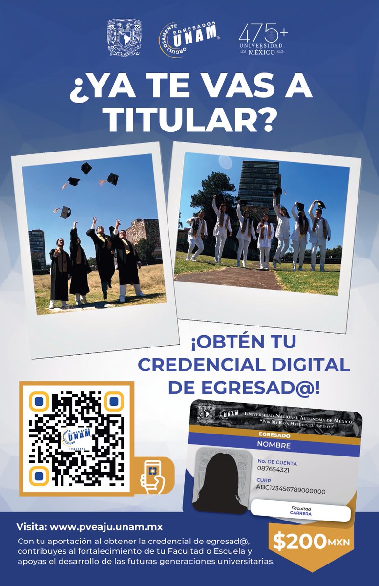 ICATUNAM's tweet photo. ¿Eres estudiante de la UNAM y estás por titularte?
@PVEAJU_UNAM te invita a conocer cómo obtener tu credencial digital de egresad@ y sus beneficios.
Más información: https://t.co/7FbebDaDf8
#UNAM #EgresadosUNAM #ComunidadUNAM https://t.co/s0VTAitPze