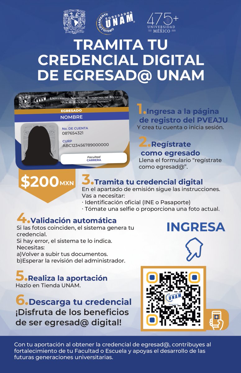 ICATUNAM's tweet photo. ¿Eres estudiante de la UNAM y estás por titularte?
@PVEAJU_UNAM te invita a conocer cómo obtener tu credencial digital de egresad@ y sus beneficios.
Más información: https://t.co/7FbebDaDf8
#UNAM #EgresadosUNAM #ComunidadUNAM https://t.co/s0VTAitPze