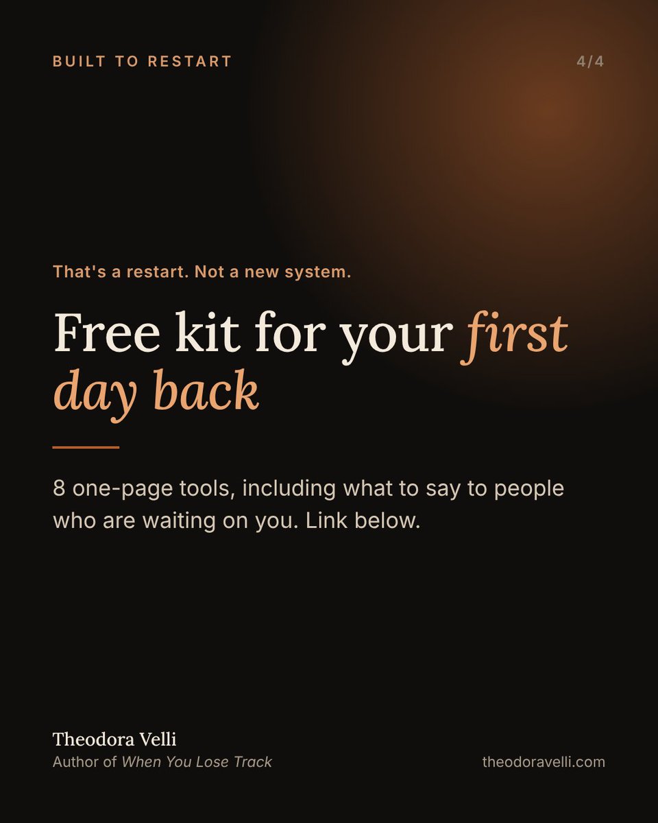 TheodoraWrites's tweet photo. You lost track. Again.

Day one, in 4 steps:
1. Don't rebuild your system tonight
2. Ask what gets more expensive in 24h
3. Message who's waiting, with a new date
4. Set a stop time, then stop

Free kit for your first day back: https://t.co/ub1JEJqnFP https://t.co/Yvt9DxY7ig