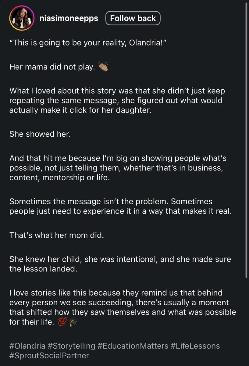 juanitamay1998's tweet photo. Nia Simone Epps shared Olandria’s Create &amp; Cultivate speech about the lesson her mother taught her, praising her mom for finding a way to make the message truly click: “She knew her child, she was intentional, and she made sure the lesson landed.” https://t.co/k5ltnpVrgu