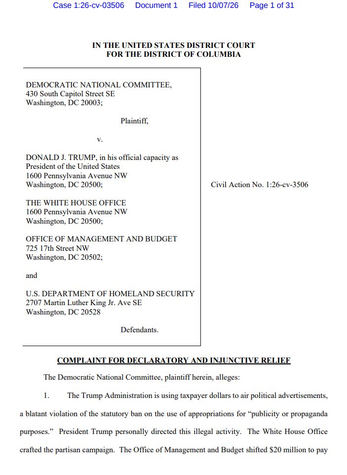 ZoeTillman's tweet photo. NEW: The Democratic Party’s national organization filed a lawsuit accusing the Trump administration of unlawfully using government money to pay for TV ads lauding the president in recent weeks
https://t.co/bxwEFBLDBd 

Complaint: https://t.co/HwfYoFdpoU https://t.co/EAEOqJEgIJ