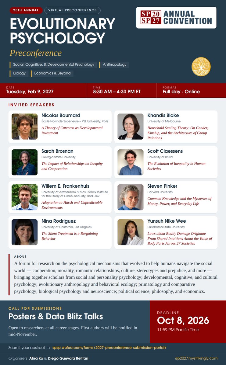 PsychedDiego's tweet photo. Only 1 day left to apply for the 25th Evolutionary Psychology Preconference at #SPSP2027
@SPSPnews 

🌐Feb 9: Full-day Virtual Preconference  Send us your Datablitz &amp; Poster proposals by  Oct 8!    

https://t.co/hS3KoVx1zV https://t.co/q7DD8fFJSt