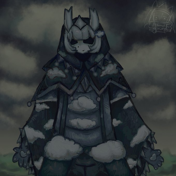 A digital illustration of a character wearing a dark, cloud-patterned cloak and a white mask with horn-like features, set against a dark, cloudy sky.