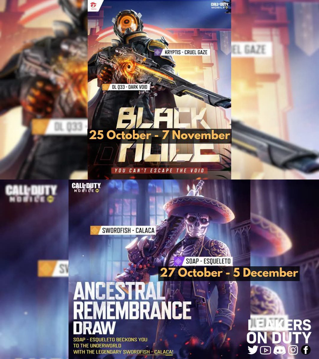 LeakersOnDuty's tweet photo. All Returning Lucky Draws in Season 9 [1]

• 10/16 - 12/10 | Street Fighter: Champion's Collection Series Armory
• 10/17 - 12/11 | Street Fighter: Hero's Collection Series Armory
• 10/20 - 11/18 | Alchemy Stars Draw
• 10/23 - 11/21 | Whorl of Midnight Mythic Drop
• 10/25- 11/7 | Black Hole Draw
• 10/27 - 12/5 | Ancestral Remembrance Draw
• 11/2 - 11/15 | Grim Duo Draw
• 11/3 - 12/12 | Halloween Series Armory
• 11/6 - 12/5 | Ultraviolet Mythic Drop
• 11/10 - 11/23 | Solstice Draw 

#CODMobile #callofdutymobile #codm #codmnews #codmleaks