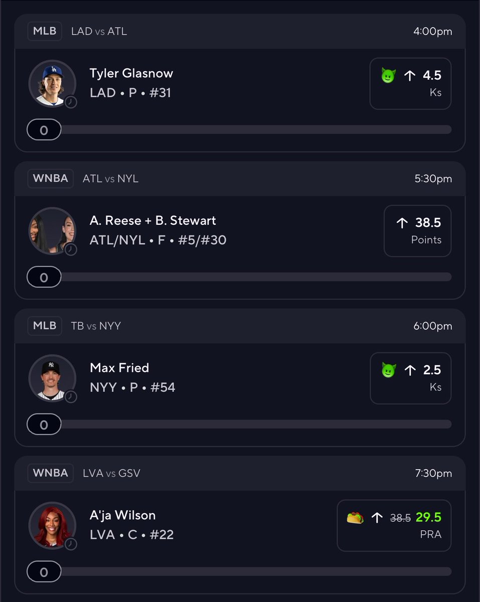 BreakRoomBet's tweet photo. 🌮 TACO WEDNESDAY! 🌮

Going for the 4.5X POWER on PrizePicks 🔥

👿 Glasnow 4.5 Ks
🏀 Reese + Stewart 38.5 Points
👿 Fried 2.5 Ks
🌮 A’ja Wilson 29.5 PRA

Taco locked in with three plays I like around it. Need all four — LET’S EAT! 🌮🤑 https://t.co/xqAvK9BwOX