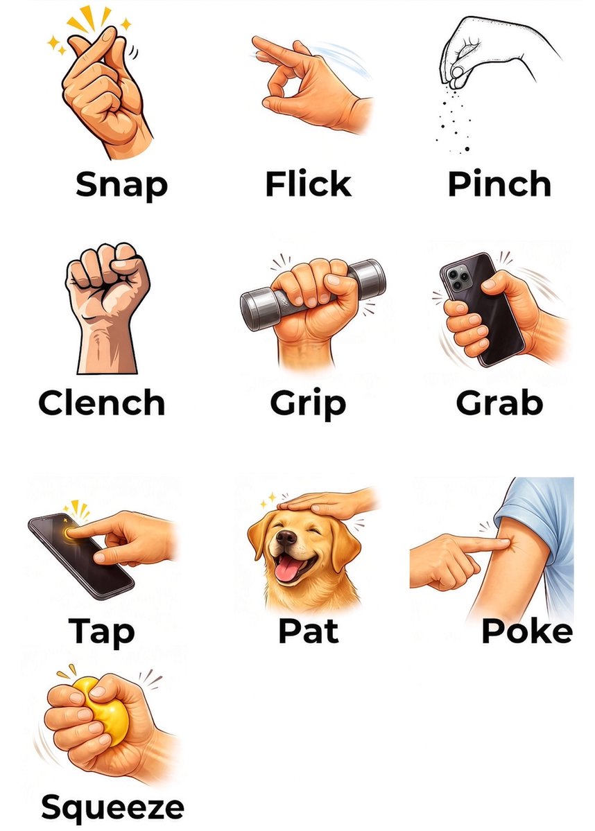 RealEvilEnglish's tweet photo. Hand Action Verbs

Quick differences
-Some of these words are easy to mix up. In short:
-Snap, flick, and tap are quick, light movements.
-Pinch and poke use the fingertips.
-Clench, grip, grab, and squeeze use more of the hand and more force.
-Pat is gentle and usually friendly.

The verbs

🔹Snap
= You press your middle finger against your thumb, then let it slip off so it hits your palm and makes a sharp sound.
Example: 
She snapped her fingers to get the waiter’s attention.

🔹Flick
= You move one finger quickly, often to send something small away or to make a short, sharp motion.
Example: 
He flicked a crumb off the table.

🔹Pinch
= You press something between your thumb and finger, usually to hold a small amount or to hurt a little. In the picture, the person is pinching and sprinkling something.
Example: 
Pinch a little salt and add it to the soup.

🔹Clench
= You close your hand tightly into a fist, often because you are angry, nervous, or cold. Nothing is inside the hand.
Example: 
He clenched his fists when he heard the bad news.

🔹Grip
You hold something firmly so it does not fall. Your fingers wrap around it.
Example: 
Grip the handle tightly when you climb the ladder.

🔹Grab
= You take hold of something quickly, often suddenly.
Example: 
She grabbed her phone before it fell.

🔹Tap
You touch something lightly and quickly with a finger, often more than once.
Example: 
Tap the screen to open the app.

🔹Pat
= You touch someone or something gently with a flat hand, usually to show kindness.
Example: 
She patted the dog on the head.
✍️Note: "To pat" is different from "to pet."
Pat is the action. It is a light, quick touch with a flat hand, often once or a few times. You can pat a dog, a child, someone’s back, or even a cushion.
Pet is usually the verb for stroking an animal gently and repeatedly, often to show affection. 
Quick difference:
She patted the dog on the head. (one or a few light taps)
She petted the dog for a few minutes. (longer, stroking)

🔹Poke
You push something with one finger, often to get attention or to check it.
Example: 
Don’t poke your brother; just ask him to move.

🔹Squeeze
You press something hard from opposite sides, usually with your whole hand.
Example: 
Squeeze the lemon to get the juice out.

✍️Useful patterns✍️

🔸Most of these verbs are regular: 
snap → snapped, flick → flicked, pinch → pinched.
🔸Grip and grab can also be nouns: 
a firm grip, a quick grab.
🔸Common pairs: 
snap your fingers, clench your fist, grip the wheel, grab a seat, tap the button, pat someone on the back, poke someone in the arm, squeeze someone’s hand.