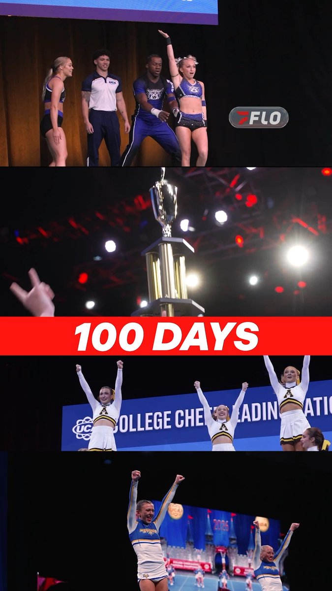 A Flo-branded image displays a '100 DAYS' countdown with panels of cheerleading and gymnastics competitions, including a championship trophy.