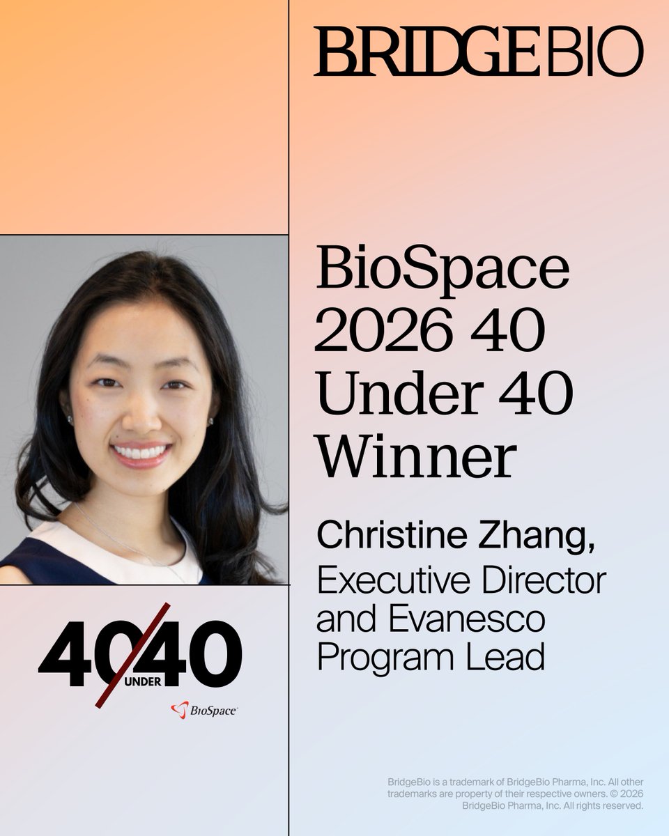 BridgeBioPharma's tweet photo. We’re proud to share that Christine Zhang, Executive Director, Evanesco Program Lead at BridgeBio, has been named to this year’s BioSpace’s 40 Under 40 cohort.

Christine’s leadership embodies the innovative thinking and scientific conviction that drives our mission to deliver transformative medicines where they are needed most.

Congratulations, Christine!

Read more: https://t.co/dgsp35jPim