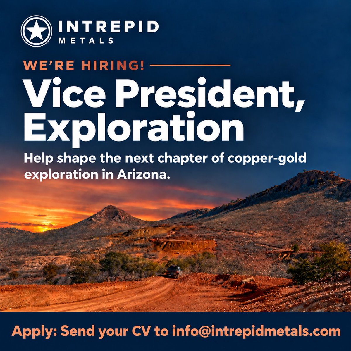 IntrepidMetals's tweet photo. We’re hiring: Vice President, Exploration

It’s an exciting time to join Intrepid Metals. With our planned 10,000-metre drill program underway at Corral Copper in Arizona, a major geophysical survey in progress and ongoing work to advance additional targets, we’re seeking a Vice President, Exploration to help shape our next chapter.

This is an opportunity for an experienced exploration leader to join a well-funded active team, guide exploration strategy and help evaluate the broader potential of a district-scale copper-gold project in one of North America’s established mining regions.

Interested or know someone who would be a strong fit? Send your CV to info@intrepidmetals.com or share this opportunity with your network.

$INTR.V $IMTCF #Hiring #Exploration #Copper #MiningCareers