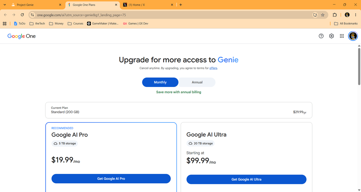 PadlockesTech's tweet photo. Google's Project Genie is a way to quickly make games using Ai 3D World Buildiing. 

The only saving grace for game devs that use al natural deving is that you need a monthly AI Ultra Plan which costs $99/month. But, people that pay game devs might see that as a steal... https://t.co/xC0xIgf2pc