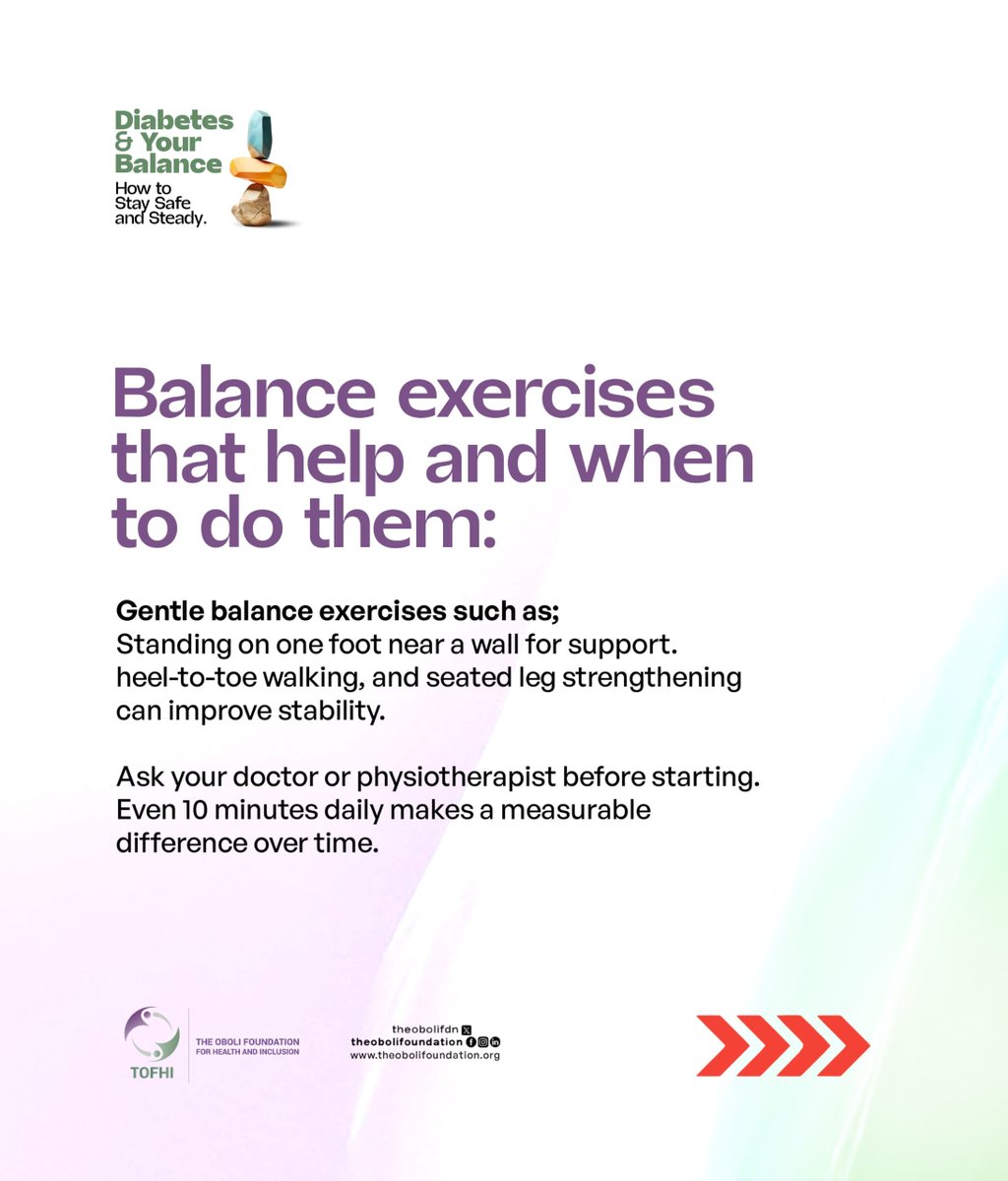 TheOboliFDN's tweet photo. Warning signs that your balance may be affected.
•Tingling or numbness in your feet.
• Weakness in your legs.
• Difficulty walking on uneven ground.
#HealthSectorUpdates #health
#TheOboliFoundation https://t.co/F7Q3PAbNDb