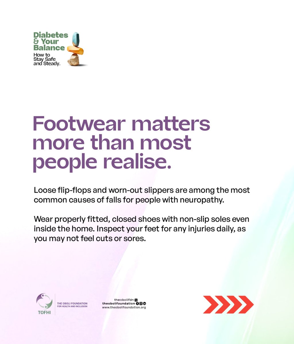 TheOboliFDN's tweet photo. Warning signs that your balance may be affected.
•Tingling or numbness in your feet.
• Weakness in your legs.
• Difficulty walking on uneven ground.
#HealthSectorUpdates #health
#TheOboliFoundation https://t.co/F7Q3PAbNDb