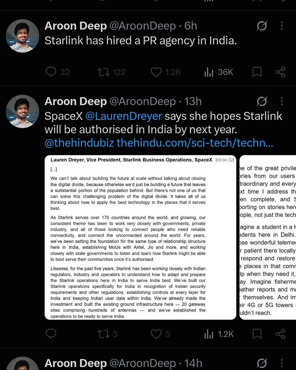 alokdubey1408's tweet photo. #BREAKING 
Starlink has also hired a PR agency.

And Starlink might get approval in India by next year.
And this reporter from "The Hindu" has blocked me.

That means there's something.😎🤣 https://t.co/YrD0QKCrpD