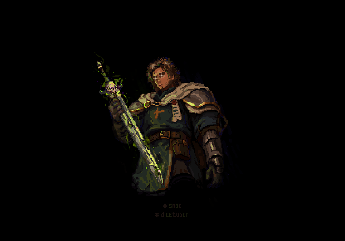 pixel_sa9e's tweet photo. There’s a cool event going on right now for fans of tabletop role-playing games #dicetober —and I’m drawing some detailed sketches for it. 
This is the second theme, and it’s called “Critical Success/Failure.” 
a paladin with a cursed sword...
#art  #pixelart https://t.co/49CL8MoUwG