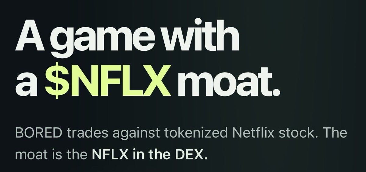 BoredPlaceRH's tweet photo. $BORED/$NFLX 

It’s a perfect meme/stock pairing that can stand on its own legs. 

The idle to burn game at https://t.co/5IIPZXyK6z is just an accelerator. 

That’s why it’s already the biggest “meme” paired with Netflix. 

0xdc1235e942a05c3b50a2879df69a2865d86e1e18 https://t.co/TpX7XFe0KA