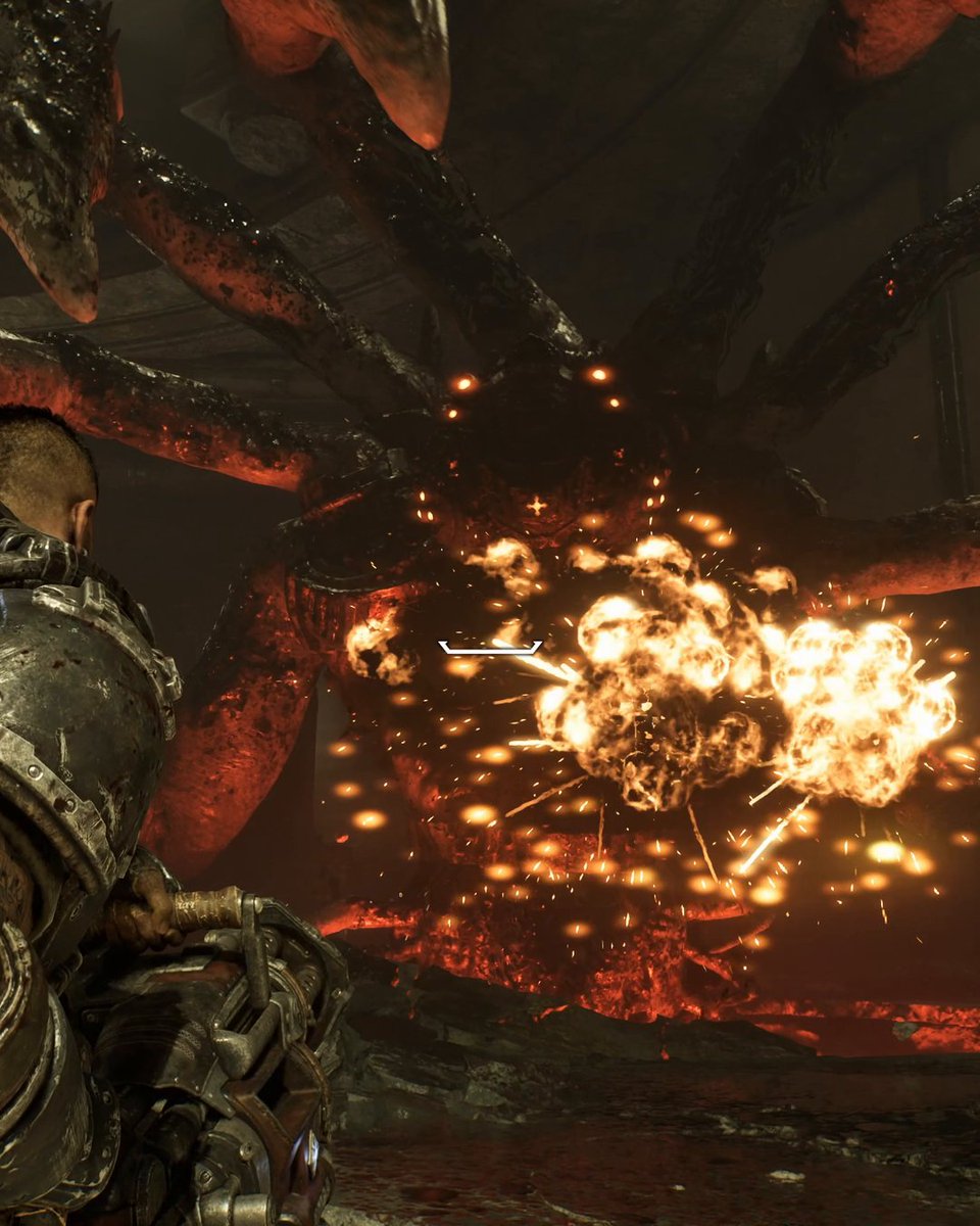 A heavily armored soldier faces off against a massive, multi-limbed creature emerging from a fiery explosion in a dark, industrial setting. The image showcases the intense, high-stakes combat and cinematic visuals of "Gears of War: E-Day," enhanced with RTXOn technology featuring DLSS 4.5 and ray tracing as referenced in the post.