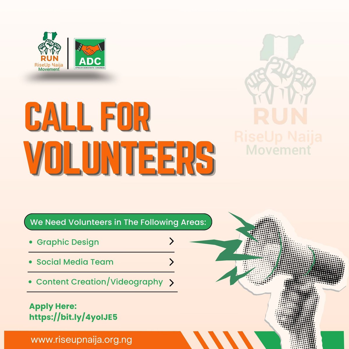 RiseUpKaduna's tweet photo. Be part of the change! 🇳🇬

RiseUp Naija is calling for passionate volunteers in Graphic Design, Social Media, Content Creation &amp; Videography.

Got the skills? Join the movement and make an impact! ✊🏽

Apply here: https://t.co/j0anH0wFaK

#RiseUpNaija https://t.co/D4kJB6j4sR