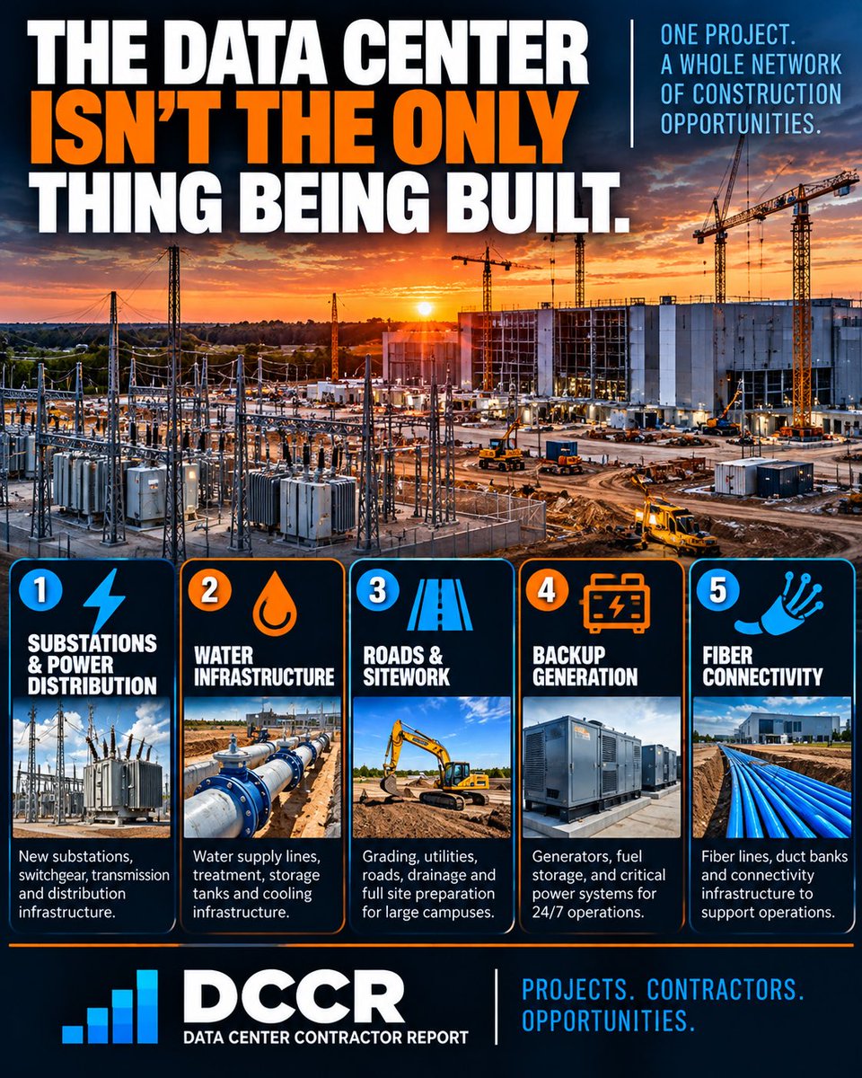 DCCReport's tweet photo. The more data center projects I research, the more I realize the opportunity extends beyond the buildings

Substations. Water systems. Roads. Generators. Fiber

That’s a lot of construction work happening around these campuses

What part of this work is your company involved in? https://t.co/2hqgv3vreq