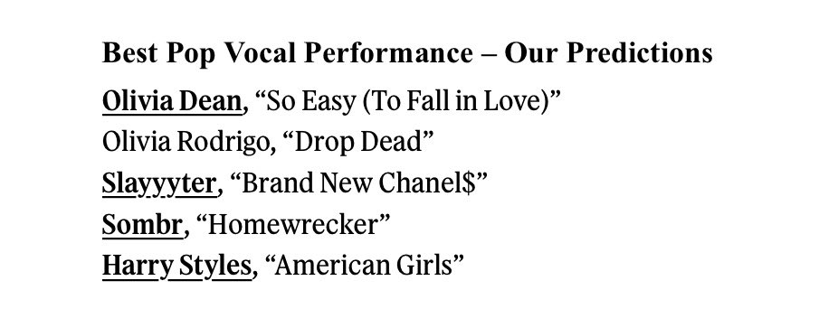 tayIoreIizabeth's tweet photo. rolling stone so goofy for this prediction lwjwjej like yes taylor, bruno, raye and ariana with the biggest songs of the year will miss out on a nomination hell even opalite has a bigger chance than 2 of these songs https://t.co/Vh6D0BNSOa