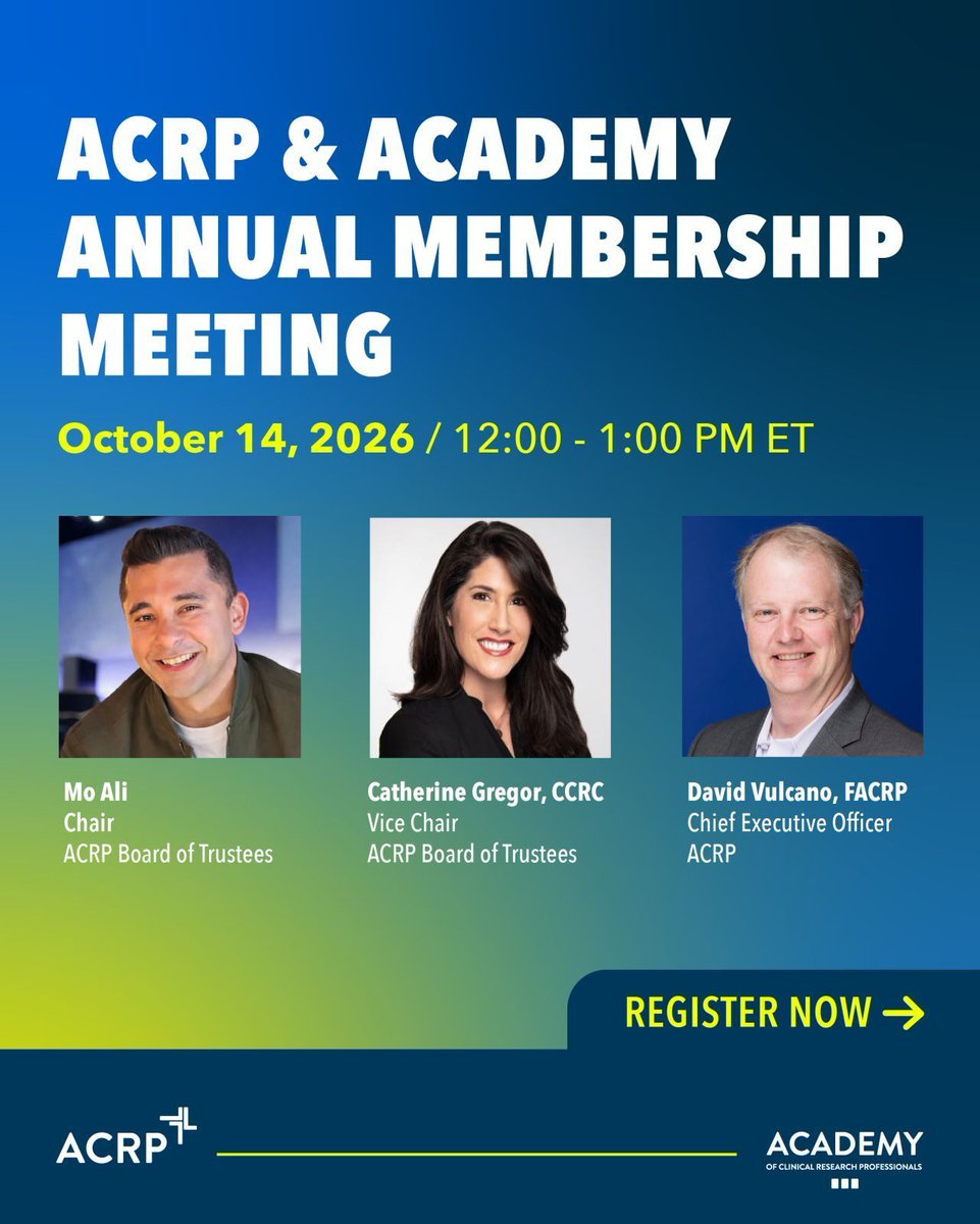 ACRPDC's tweet photo. One week left to register! Join us next Wednesday to hear about key accomplishments, workforce and professional development initiatives, education and certification, advocacy efforts, and investments supporting clinical research professionals.

Register > https://t.co/WkeIn5s0MT https://t.co/2i7Q4KzZ4Y