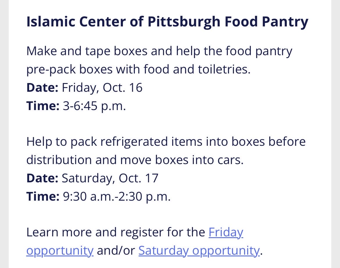 PittPre's tweet photo. Check out the three below through University of Pittsburgh Office of Engagement and Community Affairs!
Reg:
Highway: https://t.co/xcqLTyj2hE
Islamic center: https://t.co/dGbycs9oNo
Alzheimer’s walk: https://t.co/HnOV5O3PRe

@PittHealthSci @PittPre @PittProvost @PittStudents https://t.co/QyhOJAwwly
