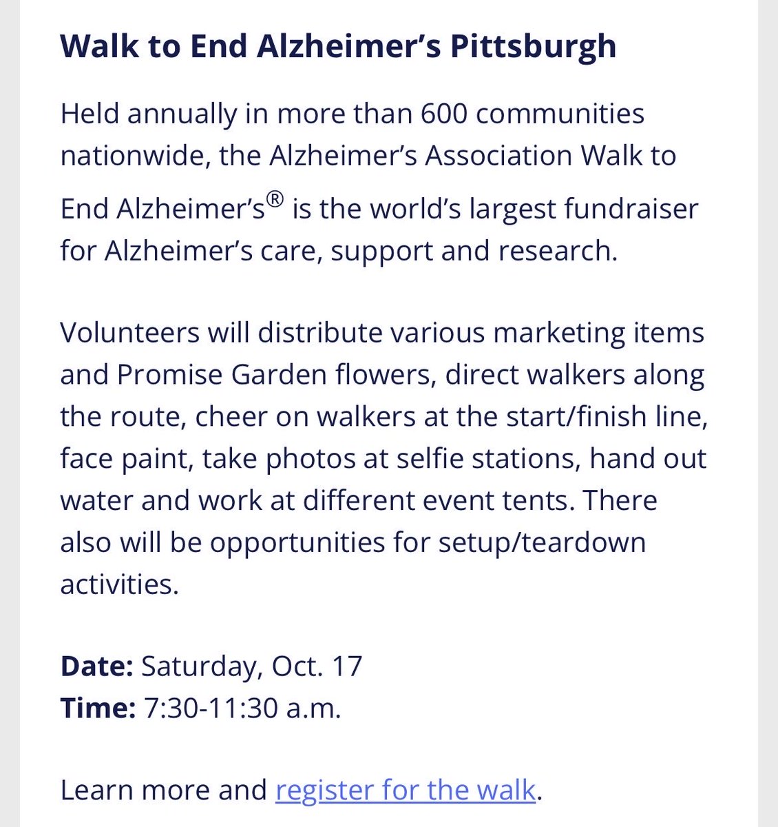 PittPre's tweet photo. Check out the three below through University of Pittsburgh Office of Engagement and Community Affairs!
Reg:
Highway: https://t.co/xcqLTyj2hE
Islamic center: https://t.co/dGbycs9oNo
Alzheimer’s walk: https://t.co/HnOV5O3PRe

@PittHealthSci @PittPre @PittProvost @PittStudents https://t.co/QyhOJAwwly