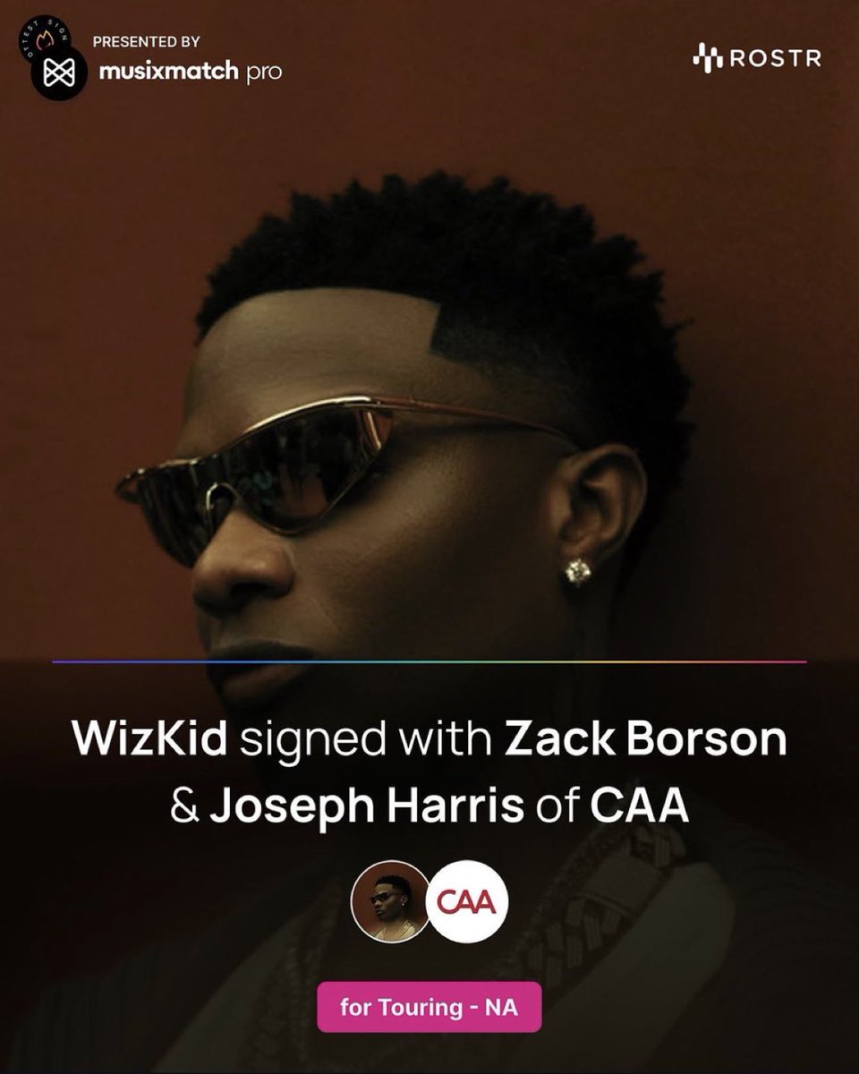 chartsafrica's tweet photo. WizKid has formally entered into an exclusive live representation agreement with Zack Borson and Joseph Harris of Creative Artists Agency (CAA) for North America.  

This strategic partnership is intended to expand his live presence throughout the United States and Canada, positioning the global artist for major arena tours, stadium performances, and prominent festival headlining engagements.