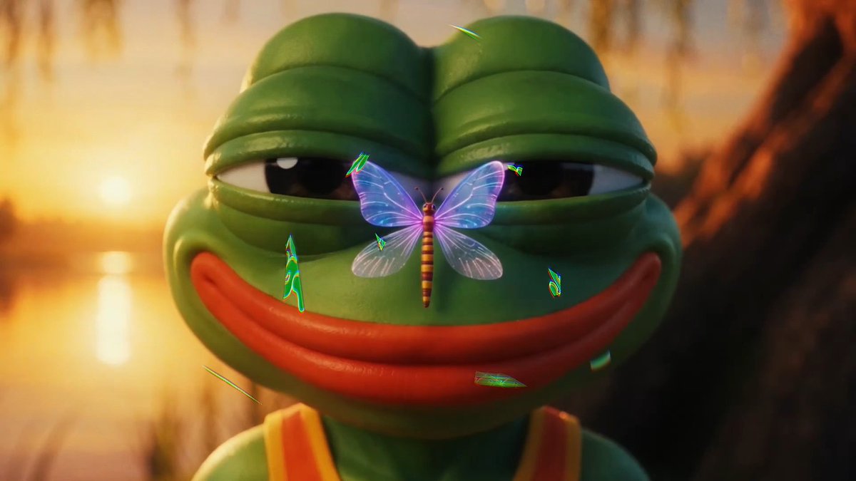 A close-up 3D-rendered image of a green Pepe the Frog character with a wide red smile, featuring a glowing purple and pink butterfly on its nose against a sunset background.