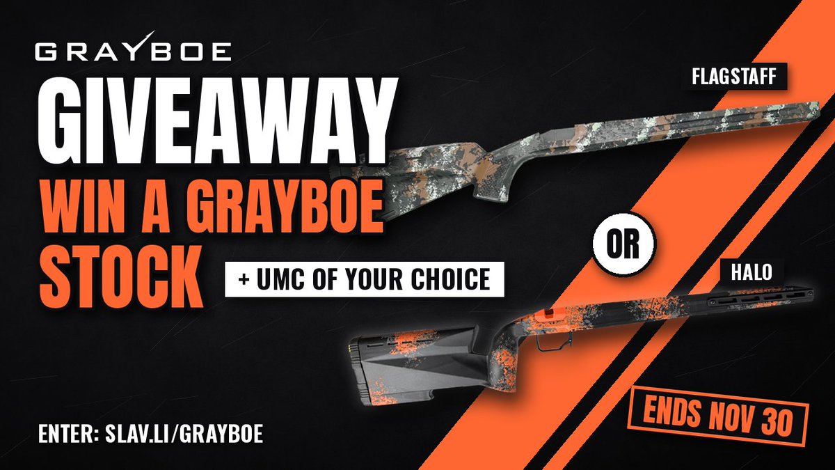 SlavGuns's tweet photo. GIVEAWAY 🎯 Win a Grayboe stock: Flagstaff or Halo, your pick, plus a Grayboe UMC module to match.

US residents 21+. No purchase necessary. Ends Nov 30.

Enter: https://t.co/tJKOjJ40hl

Not sponsored by Grayboe or X.
#Grayboe #giveaway #SlavGuns https://t.co/C0RS6da1gk