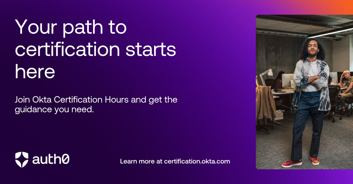 Auth0Community's tweet photo. Join the Okta Certification Team for a 30-minute Office Hours session on October 15 at 12:00 p.m. ET, to explore the certification journey, share prep strategies, and answer your questions. 

Ready to level up and get #Auth0Certified? Register today: https://t.co/wQAtanCagZ https://t.co/pSwPrLVj5k