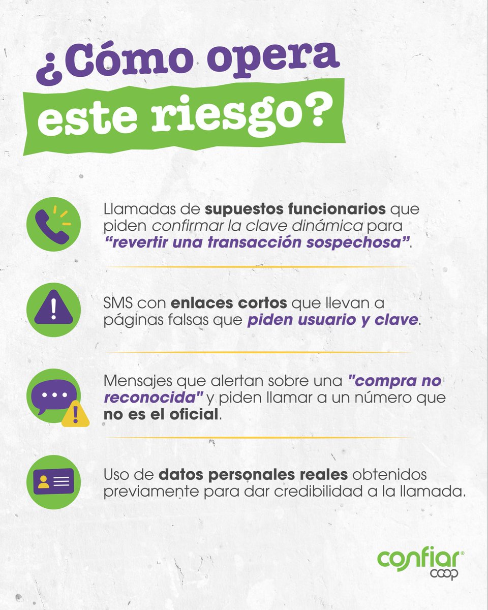 CONFIARCoop's tweet photo. 🚨 ¡Cuidado con el smishing y el vishing!

Los delincuentes pueden hacerse pasar por funcionarios de Confiar a través de mensajes de texto o llamadas para intentar obtener tus claves, códigos dinámicos, datos de la tarjeta o información personal.

#Ciberseguridad https://t.co/c7XPf1F3sJ