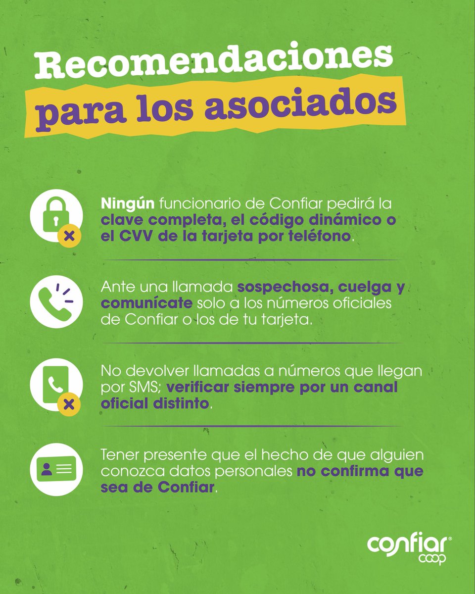 CONFIARCoop's tweet photo. 🚨 ¡Cuidado con el smishing y el vishing!

Los delincuentes pueden hacerse pasar por funcionarios de Confiar a través de mensajes de texto o llamadas para intentar obtener tus claves, códigos dinámicos, datos de la tarjeta o información personal.

#Ciberseguridad https://t.co/c7XPf1F3sJ