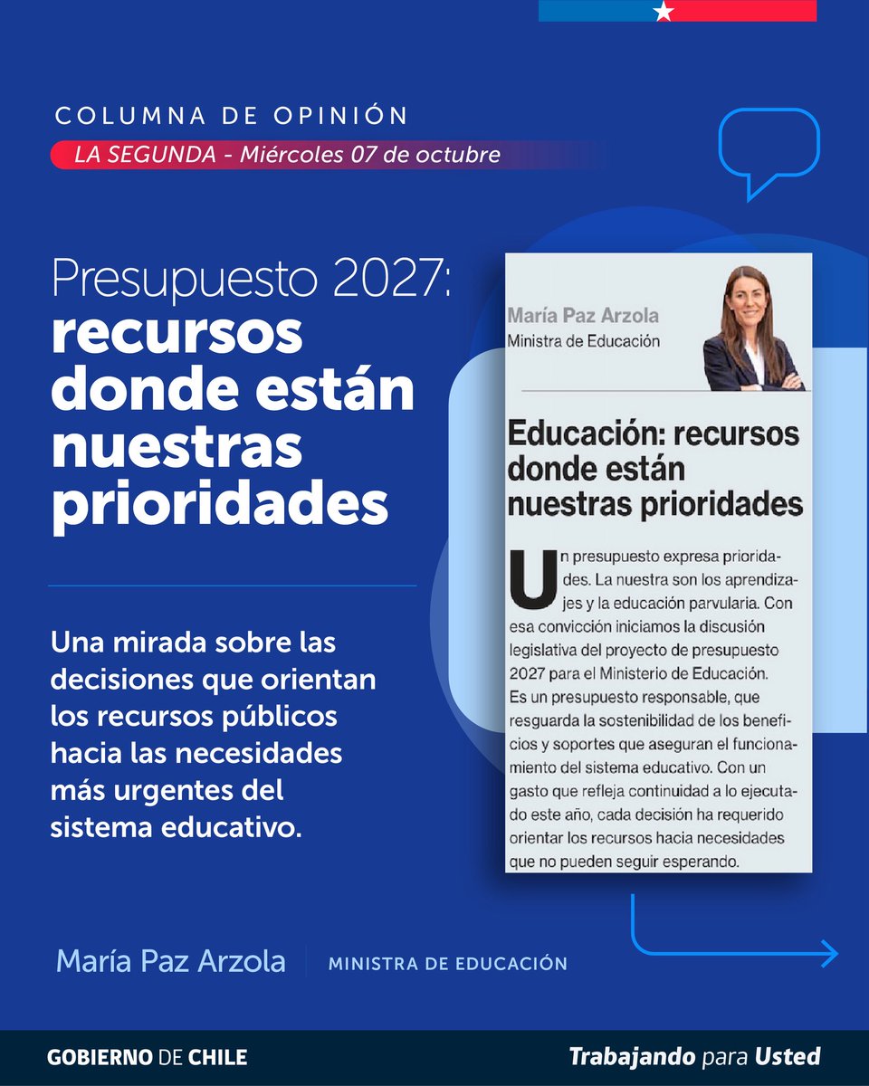 Mineduc's tweet photo. 📰OPINIÓN | Presupuesto 2027: recursos donde están nuestras prioridades

La ministra de Educación, María Paz Arzola, aborda en una nueva columna publicada hoy en @La_Segunda las principales prioridades del proyecto de Presupuesto 2027 para Educación. https://t.co/A0GeSaebPg