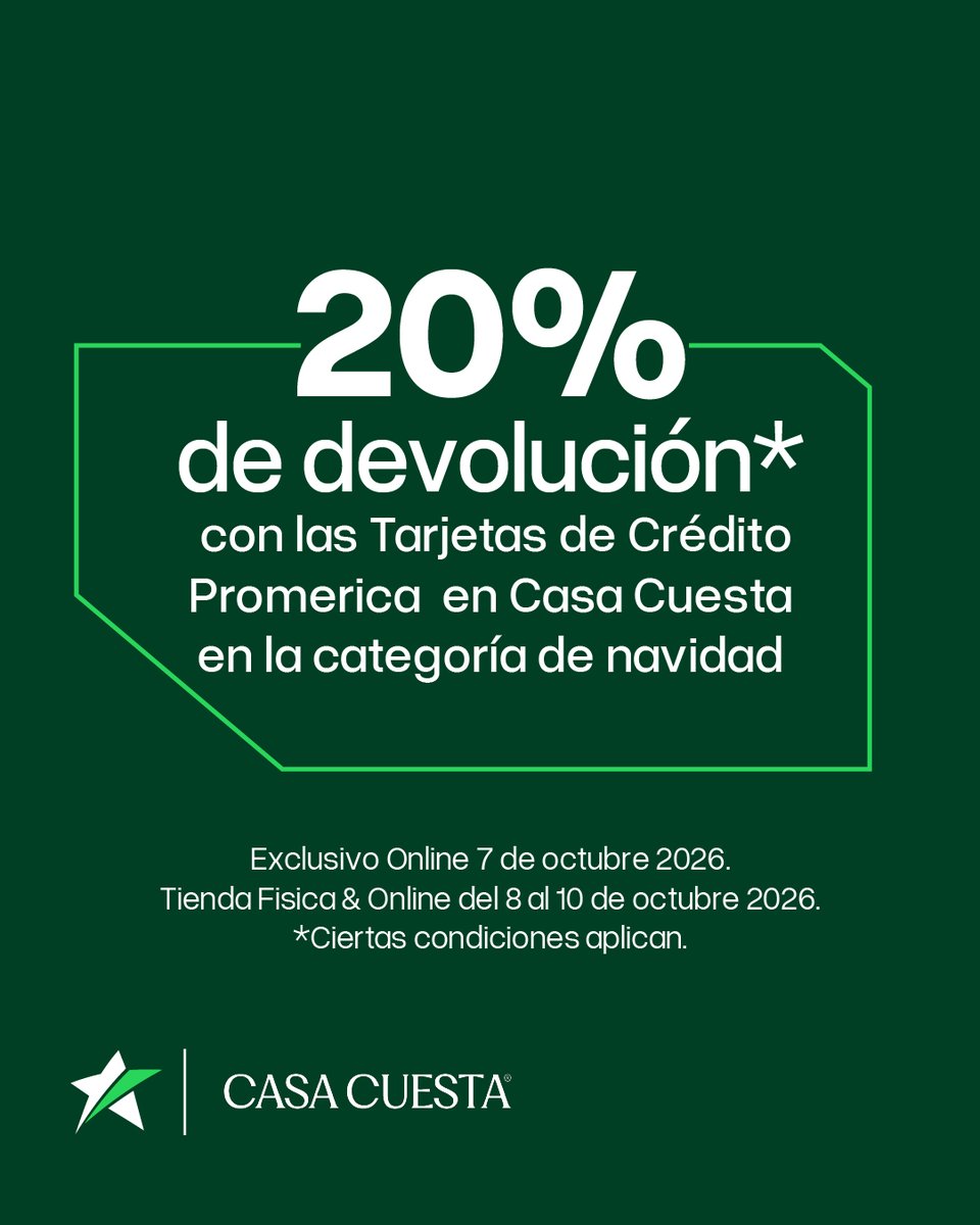 PromericaRD's tweet photo. La Navidad más espectacular comienza en Casa Cuesta.

Recibe un 20% de devolución al comprar en la categoría Navidad con tus Tarjetas de Crédito Promerica.

📅 Exclusivo online: 7 de octubre. 📅 Tienda física y online: del 8 al 10 de octubre.

https://t.co/MfZwMM7lwF https://t.co/uv9qosvniu