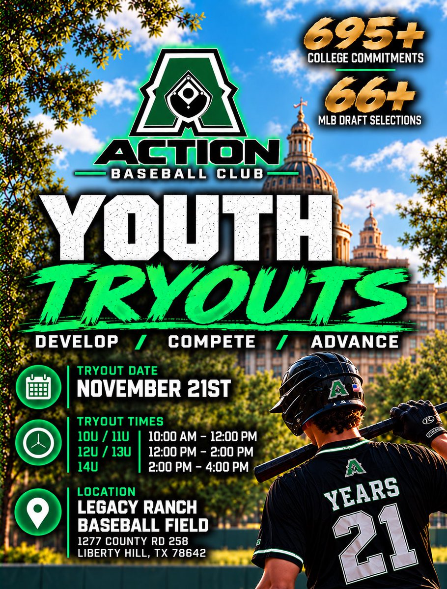 ActionBaseball's tweet photo. 🚨 YOUTH TRYOUTS | NOV. 21 🚨

Your next opportunity starts here. ⚾️

📍 Legacy Ranch Baseball Field | Liberty Hill, TX
10U/11U: 10AM–12PM
12U/13U: 12–2PM
14U: 2–4PM

Develop. Compete. Advance.

Register ➡️ https://t.co/pymLwTK1FR https://t.co/tLpZJpnlG8