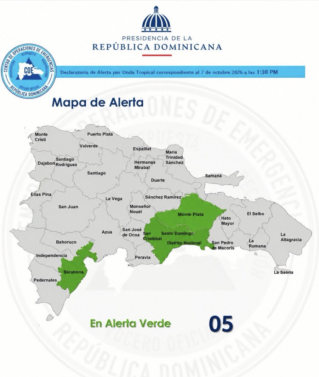 republicaverdad's tweet photo. El COE colocó en alerta verde al Distrito Nacional, Gran Santo Domingo, San Cristóbal, Barahona y Monte Plata por los efectos de una onda tropical. Se esperan aguaceros, tormentas eléctricas y ráfagas de viento.

#RepúblicaDeLaVerdad #ClimaRD https://t.co/xDa0ARHY5T