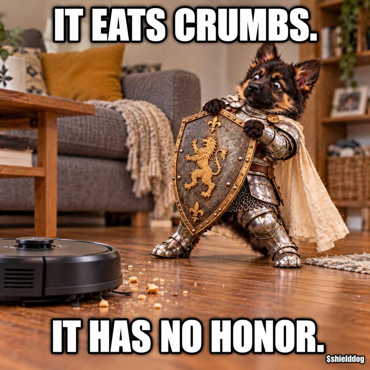 Dogwifshieldsol's tweet photo. An unknown beast has entered the kingdom.

It moves without legs.
It eats crumbs.
It has no honor.

The Roomba must be stopped.
$shielddog 🛡️ https://t.co/4XrqWeyJjJ