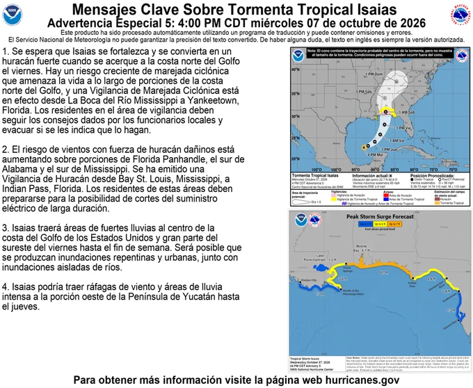 Mensajes clave:
1. Se espera que Isaias se fortalezca y se convierta en un huracán fuerte cuando se acerque a la costa norte del Golfo el viernes. Hay un riesgo creciente de marejada ciclónica que amenaza la vida a lo largo de porciones de la costa norte del Golfo, y una Vigilancia de Marejada Ciclónica está en efecto desde La Boca del Río Mississippi a Yankeetown, Florida. Los residentes en el área de vigilancia deben seguir los consejos dados por los funcionarios locales y evacuar si se les indica que lo hagan.
2. El riesgo de vientos con fuerza de huracán dañinos está aumentando sobre porciones de Florida Panhandle, el sur de Alabama y el sur de Mississippi. Se ha emitido una Vigilancia de Huracán desde Bay St. Louis, Mississippi, a Indian Pass, Florida. Los residentes de estas áreas deben prepararse para la posibilidad de cortes del suministro eléctrico de larga duración.