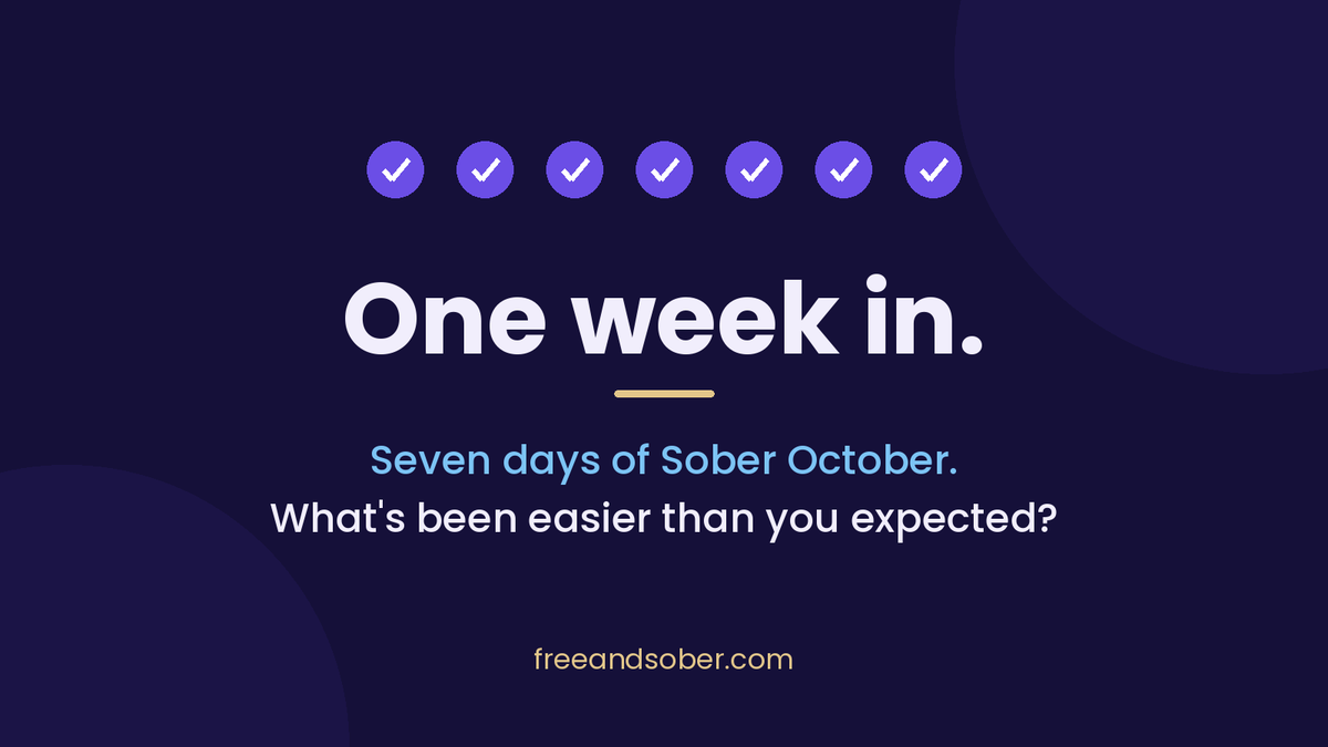 FreeAndSoberApp's tweet photo. Today makes one week of Sober October. If you're in it, what's been easier than you expected?

Join the Free and Sober waitlist and use code FIRST30 for 30 days of Essentials free.
https://t.co/EVEAg5jf8K
#SoberOctober #sobriety https://t.co/jhzOzdPGWm