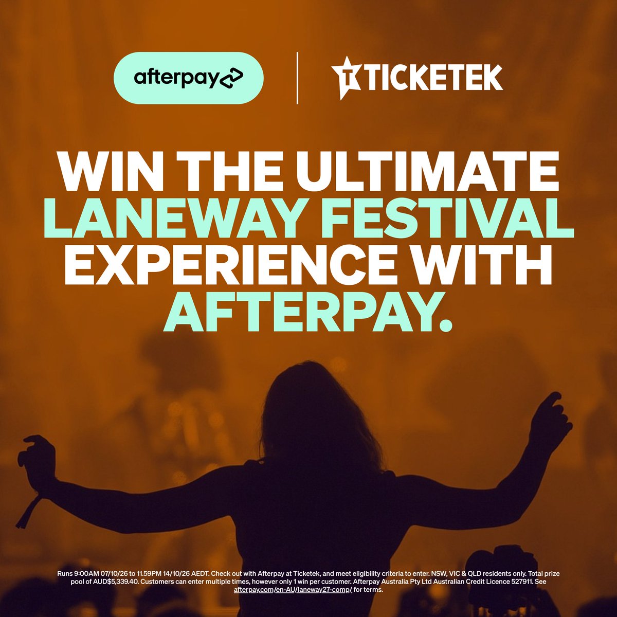 Ticketek_AU's tweet photo. Pay for your @lanewayfest 2027 tickets with Afterpay and you could win the ultimate festival prize pack, including 2x upgraded Laneway Festival VIP tickets and 2x $500 Prezzee vouchers to get festival ready! 🔥

Don't miss it, Afterpay it.

🎟️ T&Cs apply. Find out more here: https://t.co/QGg6mYfRxF